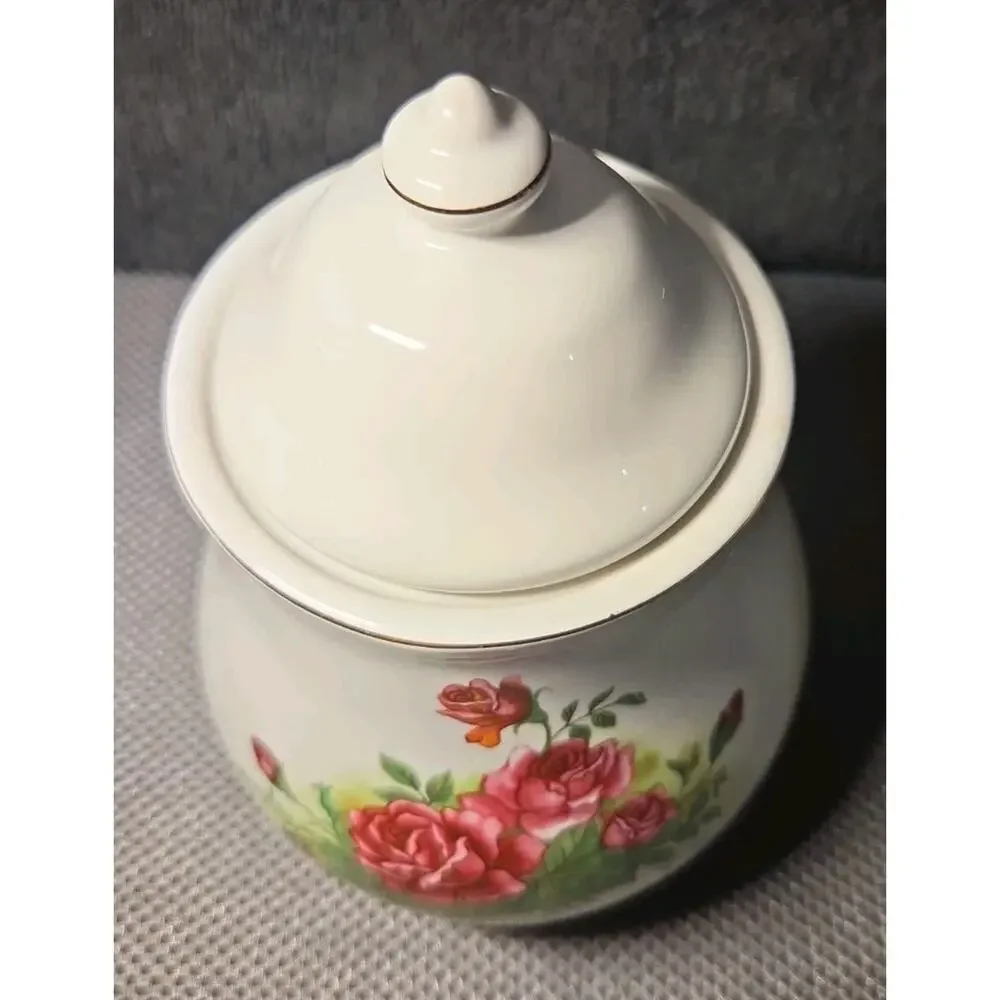 Vntg 8in Ceramic Canister Victorian Rose Design